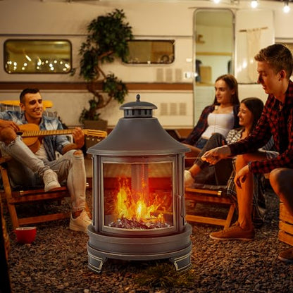 Giantex 2 in 1 Outdoor Fire Pit with Grill, 30 Inch Metal Chiminea, Wood Burning Fireplace with Chimney, Spark Screen Door & Fire Poker, Patio Firepit for Garden, Backyard, BBQ