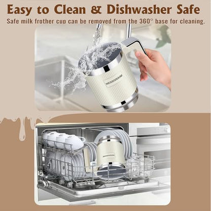 NESSGRAIM 5-in-1 Electric Milk Frother, Automatic Milk Frother & Steamer for Hot & Cold Foam, Large Capacity Milk Warmer for Latte Cappuccino, Hot Chocolate Maker, Dishwasher Safe (Beige)
