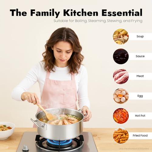 FUODIHEE 11Qt Stainless Steel Braisers with Lid, Commercial Stock Pot Brazier Saute Pan with Handles, All-purpose Soup Saute Pan for Hot Pot Stew, Dishwasher & Microwave Safe, 13inch
