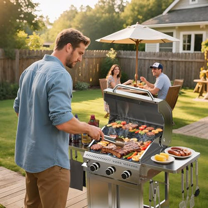 Electactic G31 Gas Grill, 3-Burner Gas Grill with Folding Side Tables,Stainless Steel 24,000 BTU BBQ Grill,Outdoor Propane Grill for Barbecue,Patio,Camping