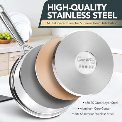 MICHELANGELO Stainless Steel Saucepan Set with Lid, Premium Triply Stainless Steel Sauce Pan with Cool Handle, Nonstick Sauce Pot Set for Kitchen Cooking, Induction Compatible, 1QT & 2QT & 3QT