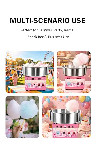 Commercial Cotton Candy Machine 1000W, 3-4 Per Minute, 38cm Stainless Steel Bowl, Easy Double Switch, Sugar Scoop, for Carnival Party Commercial Events (US Plug)