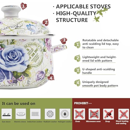 Retro 5QT Flower Enamel on Steel Stock Soup pot with Lid, Stockpots for Cooking,Retro Classic Design