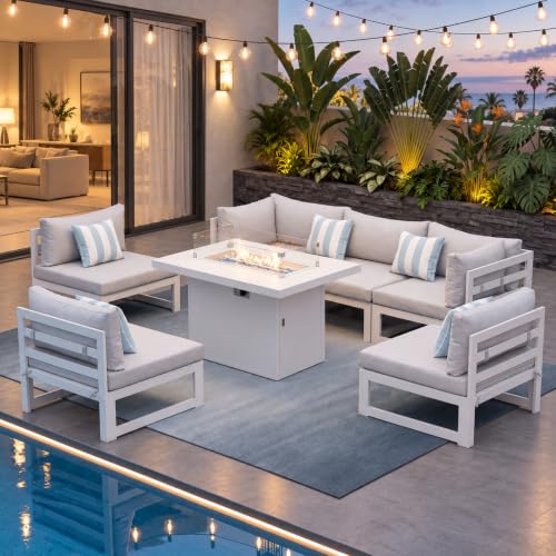 NICESOUL 7 Piece White Powder-Coated Aluminum Patio Furniture with Fire Pit Table, 29 Inch Extra Wide Outdoor Sectional Sofa for 6, High-End Heavy Duty L-Shaped Large Couch for Backyard, Light Gray