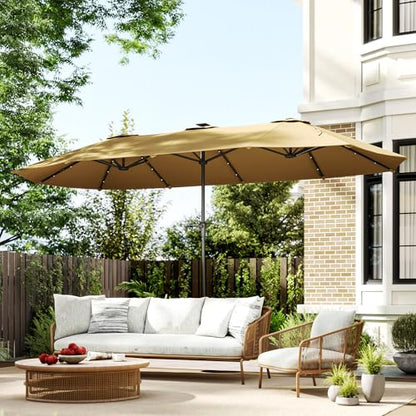 Outsunny 13ft Large Patio Umbrella with Solar Lights, Rectangular Double-Sided Outdoor Market Umbrella with Crank Handle and 48 LED Bulbs for Garden, Pool and Backyard, UPF 30+, Khaki