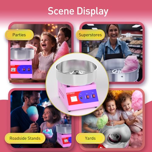 HTTSICHI Cotton Candy Machine - Cotton Candy Machine Commercial w/ 15 inch Stainless Steel Bowl, Sugar Scoop, Cotton Candy Maker for Home, Party, 1000W Hard Candy Cotton Candy Maker for Birthday