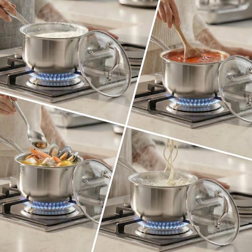 Idymere Tri-ply Stainless Steel Pot - 1.5 Qt & 2.5 Qt Heavy Duty Sauce Pan with Lid, Nonstick Stainless Steel Cookware Set Cooking Pot, Multipurpose Saucepan with Stay Cool Handle