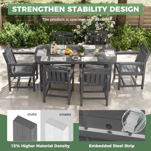 SUUNYN HDPE Outdoor Dining Set, Patio Table and Chairs Set, All-Weather 7-Piece Outside Table and 6 Chairs, 2" Umbrella Hole, Outdoor Furniture for Garden, Poolside, Backyard, Deck | Grey