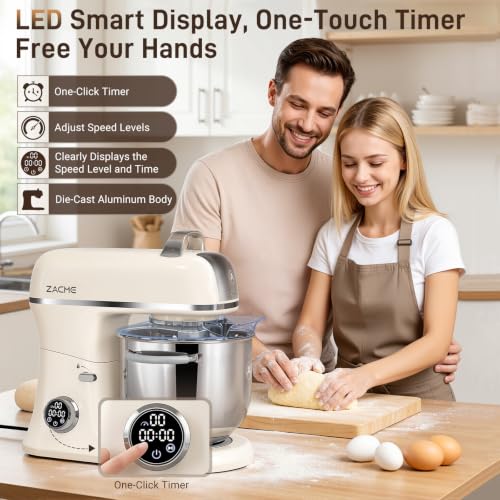ZACME 7 Quart Stand Mixer Aluminum Die Casting, 650W 12 Speed Tilt-Head Kitchen Electric Stand Mixer, Household Food Mixer with Stainless Steel Bowl, Dough Hook, Whisk and Beater-Cream