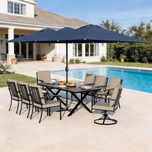 ASJMR 10 Piece Outdoor Dining Set for 8, Patio Table and Chairs Set with Umbrella, Metal Patio Furniture Set with 2 Swivel Chairs, Outdoor Table and Chairs with Cushions for Lawn, Garden, Yard-Sand