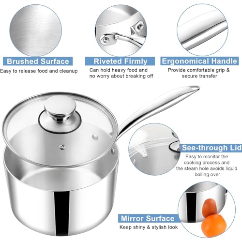 TeamFar 1qt Saucepan with Lid, Stainless Steel Tri-ply Small Cooking Pot Sauce Milk Pan with Ergonomic Handle, for Induction/Gas/Electric/Ceramic, Healthy & Heavy Duty, Dishwasher Safe