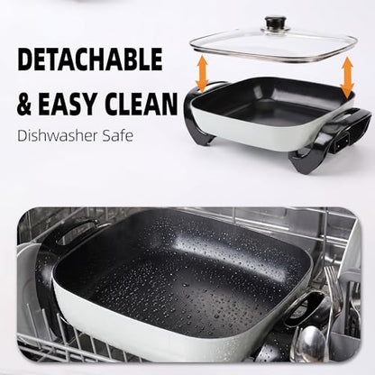 I-Keukenn 12" Ceramic Nonstick Electric Skillet with Tempered Vented Glass Lid, Scratch-Resistant Surface, Cool-Touch Handles, Removable Easy-to-Clean Design, 1200W, Vibrant Green