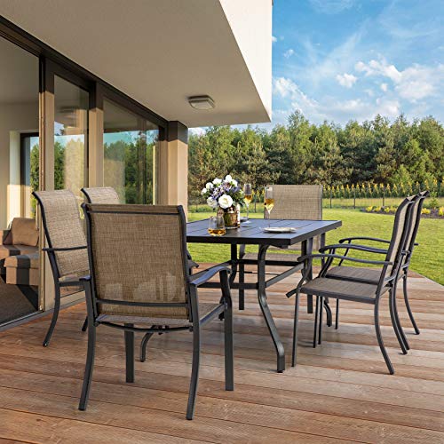 NUU GARDEN 7 Pieces Patio Dining Set, All-Weather Outdoor Furniture with 6 Textilene Dining Chairs and 61" Rectangle Metal Dining Table with Umbrella Hole for Patio Deck Garden, Black and Brown