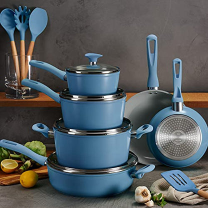 Tramontina Solara 14-Piece Ceramic Non Stick Cookware Set with Lids, Heavy-Gauge Aluminum Pots and Pans Kitchen Set with Nonstick Coating, Dishwasher and Oven Safe (Blue)