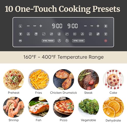 Elite Gourmet Dual Zone Air Fryer Oven 11QT, Dual Basket Air Fryer with Divider, Sync Finish & Sync Cook, PFAS Free Nonstick, 10 Presets, Air Fry Bake Roast Broil Toast Dehydrate, 1600W Black
