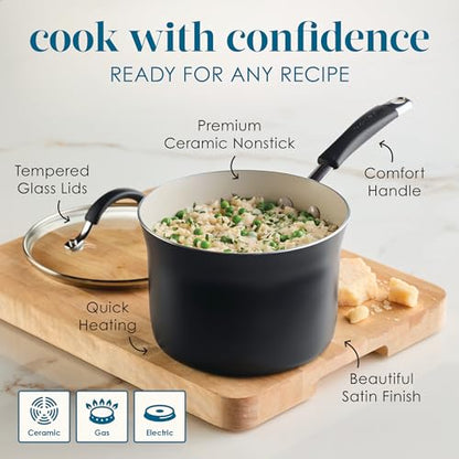 Rachael Ray Cucina Ceramic Cookware Set - 13 Pieces - Ceramic Pots and Pans Set w/Nonstick Frying Pans, Saute Pan, Saucepans, Stockpot, Lids, Pan Protectors & Cooking Utensils - Peppercorn