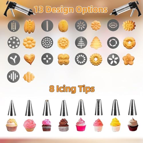 Cookie Press Gun Kit,13 Cookie Discs+8 Icing Nozzles Perfect for DIY Cookies and Decorating Cookies,Gifts for Wome（black）