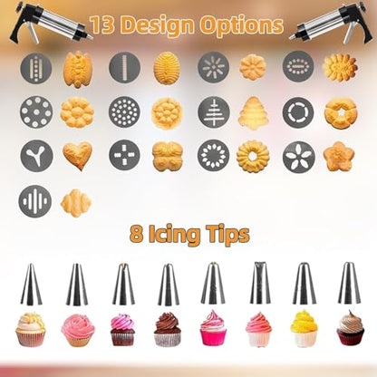 Cookie Press Gun Kit,13 Cookie Discs+8 Icing Nozzles Perfect for DIY Cookies and Decorating Cookies,Gifts for Wome（black）