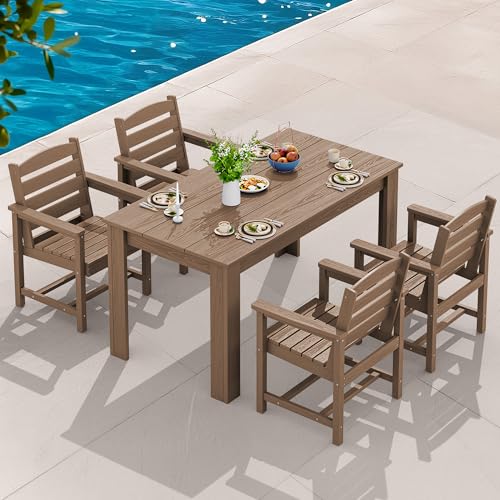 SERWALL Patio Dining Set for 4, Outdoor Dining Sets for 4 Person with 1 Umbrella Hole Cut-Out Rectangular Table and 4 Chairs, HDPE Dining Sets for Garden, Backyard, Poolside, Brown