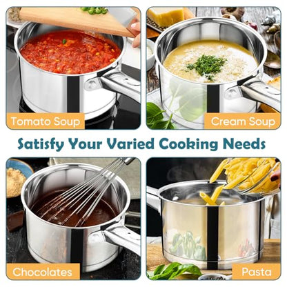 P&P CHEF 3 Quart Saucepan with Lid Set, Stainless Steel Small Cooking Pot Induction Sauce Pan for Pasta Soup, Ergonomic Handle & Tri-ply Base, Dishwasher Safe, 1 Pan