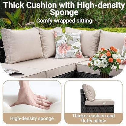 Jing's Villa 6-Piece Patio Furniture Set, All-Weather Outdoor Wicker Sectional Sofa with Cushions, Glass Table & Left and Right Armrest, Rattan Conversation Seating for Porch, Garden, Backyard,Beige