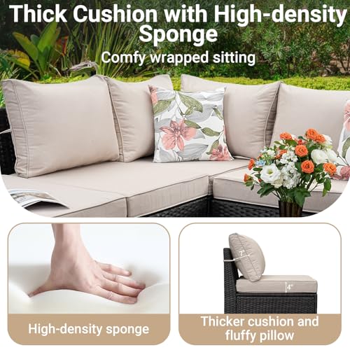 Jing's Villa 5-Piece Patio Furniture Set, All-Weather Outdoor Wicker Sectional Sofa with Cushions, Tempered Glass Table & Ottoman, Rattan Conversation Seating for Porch, Garden, Backyard,Beige