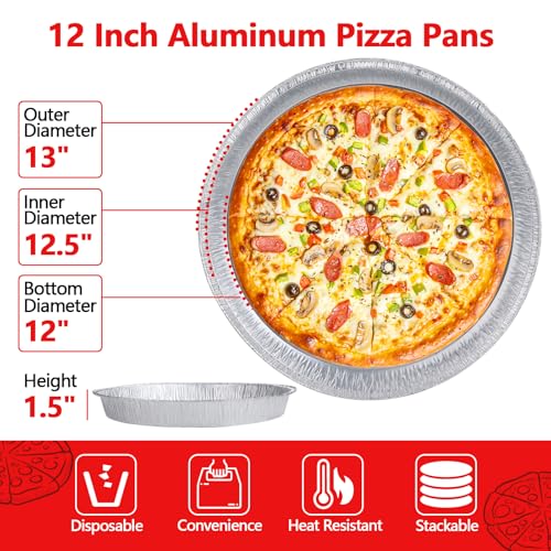 12 Inch Aluminum Pizza Pans, 12 Pack Disposable Round Foil Pizza Pan Trays, Oven & Freezer Safe Disposable Pizza Pan for Baking, Serving, Catering & Parties