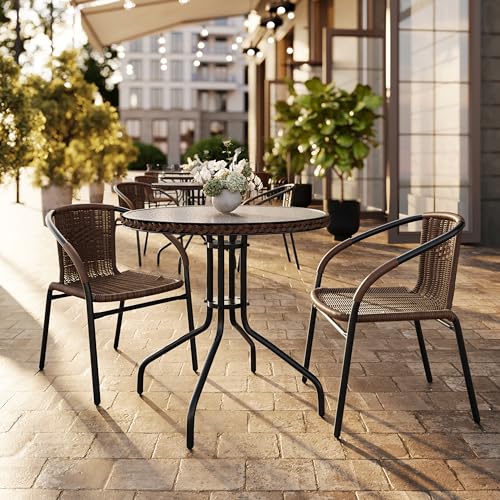 Flash Furniture Lila 28'' Round Glass Metal Table with Dark Brown Rattan Edging and 2 Dark Brown Rattan Stack Chairs