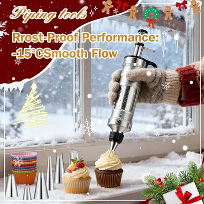 Dualshine Dessert Decorating Syringe Set, Frosting Piping Kit, Stainless Steels Icing Piping Kit, Cake Decorating Tools 6 Russian Piping Icing Nozzles Cupcake Piping Kit Christmas Baking Gifts