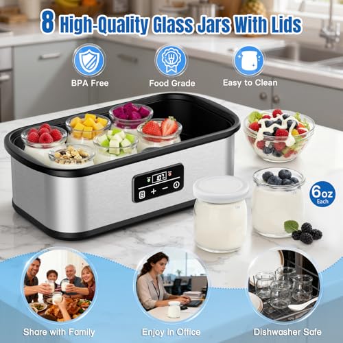 Yogurt Maker with Auto-Shut off and Adjustable Time & Temp Control, Yogurt Maker Machine Make Healthy Yogurt with Full Probiotics for Family, Friends, Perfect Gift, 8x6oz Jars