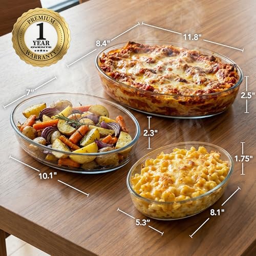 OVENTE Glass Baking Dish Set, 3-Piece Value Pack Oval Bakeware 0.7L/1.6L/2.4L, Oven, Microwave & Dishwasher Safe, Perfect for Lasagna Casserole, Deserts, Food Prep, Serving & Reheating, Clear GBD33