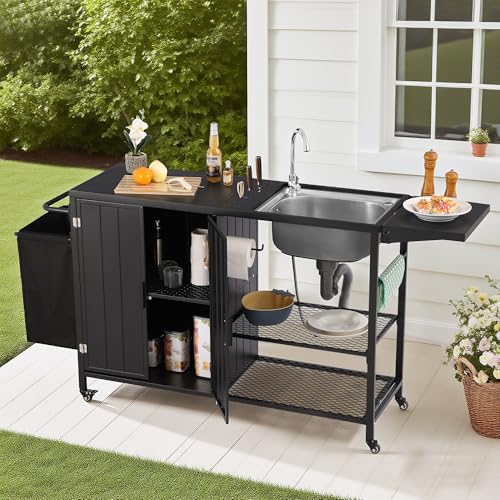 LVUYOYO Outdoor Grill Table with Stainless Steel Sink, Grill Cart Station with Cabinet, Metal Kitchen & Island Rolling BBQ Table for Garden, Patio, Backyard