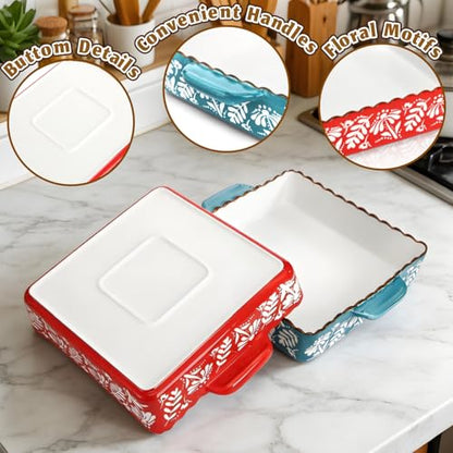 Acshio 2 Pack Ceramic Baking Dish, 9 x 9 inch Porcelain Square Bakeware with Double Handle, Lasagna Pan Bakeware Baking Cookware for Cooking, Cakes, Roasting Family Dinner