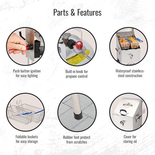 Hike Crew Outdoor 4-Gallon Propane Deep Fryer 57,000 BTU for Camping & Outdoor Kitchen with Push Ignition, 2 Stainless Mesh Frying Baskets, Built-In Thermometer, Gas Regulator & Drain Valve