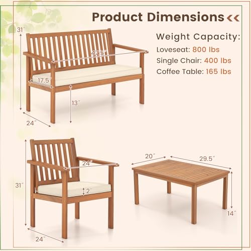 Tangkula 4 Piece Patio Wood Furniture Set, Acacia Wood Sofa Set w/Loveseat, 2 Chairs & Coffee Table, Soft Seat Cushions, Outdoor Wood Furniture Set for Porch, Yard, Balcony (Off White), OneSize