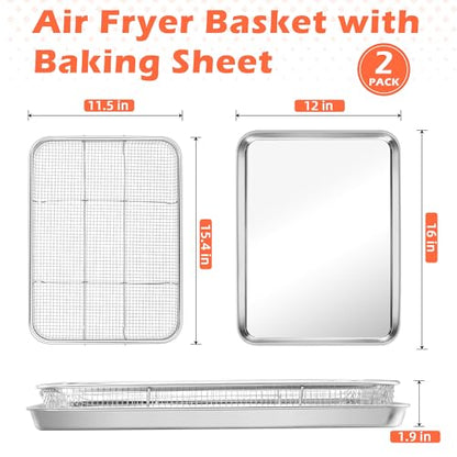 TeamFar Air Fryer Basket for Oven, 2 Set Stainless Steel Air Fryer Basket and Tray, 16”x12” Oven Air Fryer Rack with Baking Pan for Cooking Baking Broiling Grilling, Heavy Duty & Dishwasher Safe