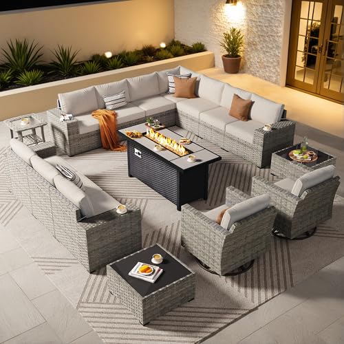 ovios 16 Pieces Patio Furniture Set, Outdoor Wicker Sectional Sofa Couch with 54" Fire Pit Table Swivel Chairs, Modern Modular Deep Seat Rattan Conversation Sets, Beige