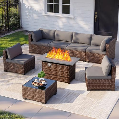 Qsun 8 Pieces Outdoor Patio Furniture Set with 44.9" Fire Pit Table, All-Weather Wicker Outdoor Patio Sectional Set with Coffee Table, for Garden, Backyard, Grey