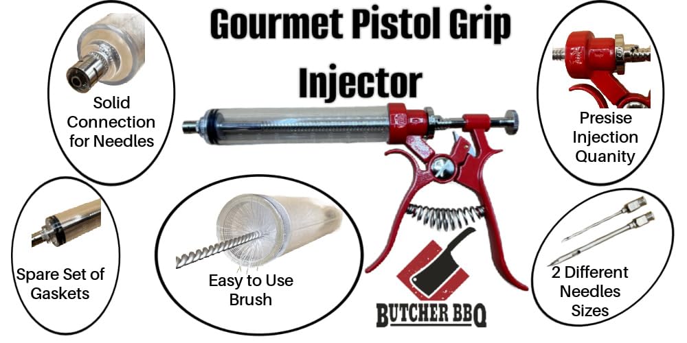 Butcher BBQ Pistol Grip Gourmet Meat Injector Syringe | Metal Handle | 50cc Pistol Grip Injection Syringe | 2 Different Needles for Different Meats | BBQ Smoker Accessories | Tailgating Accessories