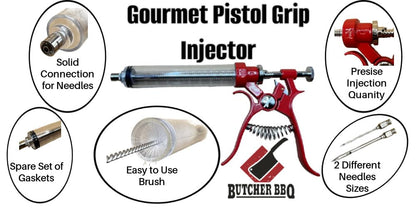 Butcher BBQ Pistol Grip Gourmet Meat Injector Syringe | Metal Handle | 50cc Pistol Grip Injection Syringe | 2 Different Needles for Different Meats | BBQ Smoker Accessories | Tailgating Accessories