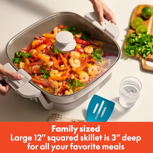 bella Make & Take Electric Skillet, Fits-anywhere™ kitchenware, EverGood™ Ceramic Coating, Adjustable Temperature & Dishwasher-Safe Tempered Glass Lid, Cast Aluminum Base, 1200 Watt, Oatmilk