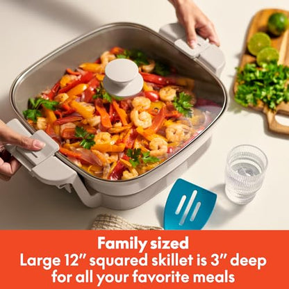 bella Make & Take Electric Skillet, Fits-anywhere™ kitchenware, EverGood™ Ceramic Coating, Adjustable Temperature & Dishwasher-Safe Tempered Glass Lid, Cast Aluminum Base, 1200 Watt, Oatmilk