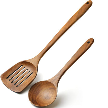 AYFDISHS Wooden Spatulas for Cooking, Handmade Natural Acacia Cooking Rice Paddle, Slotted Spatula for Nonstick Cookwares, Set of 2
