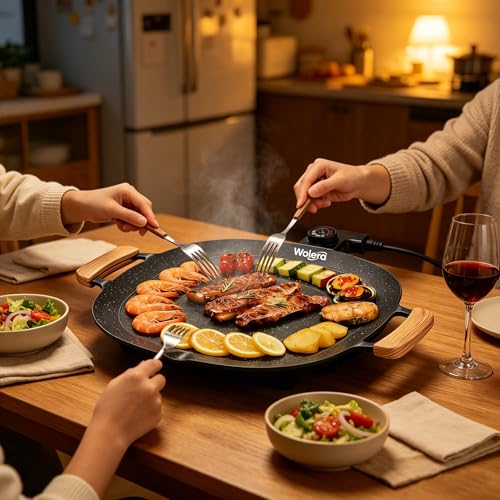 Wolera Smokeless Indoor Electric BBQ Grill with Wooden Handles – Adjustable Temp Nonstick Griddle, Perfect for Steak, Pancakes & Low-Fat Meals, Easy to Clean & Dishwasher Safe