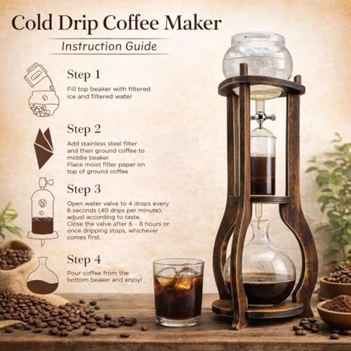 Nispira Iced Coffee Cold Brew Drip Tower Coffee Maker, 6–8 Cup Manual Cold Brew Brewer with Adjustable Valve, Wooden Frame & Glassware, Slow Cold Extraction System