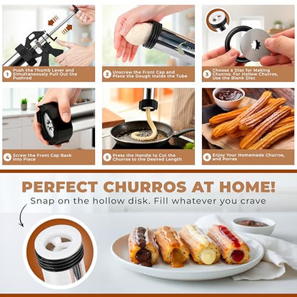 Churro Maker Machine & Spritz Cookie Press Gun Kit – 304 Stainless Steel, Easy to Clean & Large Capacity – Make Authentic Churros & Cookies at Home – Ideal Baking Tool for Families, Chefs & Beginners