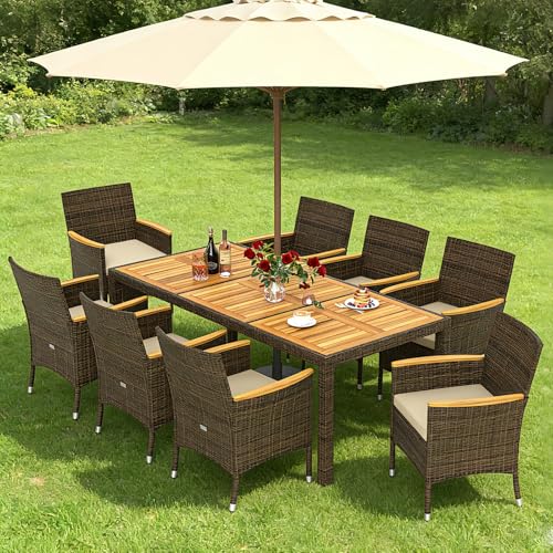 COSTWAY 9-Piece Patio Rattan Wicker Dining Set for 8 with Umbrella Hole