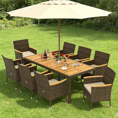 COSTWAY 9-Piece Patio Rattan Wicker Dining Set for 8 with Umbrella Hole