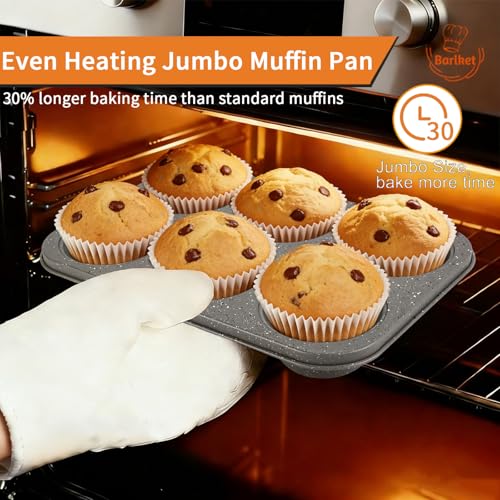 Barlket 2 Pack Jumbo Muffin Pan, 6 Cup Large Cupcake Pan with Speckled Granite Coating and Paper Liners, Professional Nonstick Carbon Steel Muffin Tin for Baking Muffins Frittatas Cupcakes, Grey