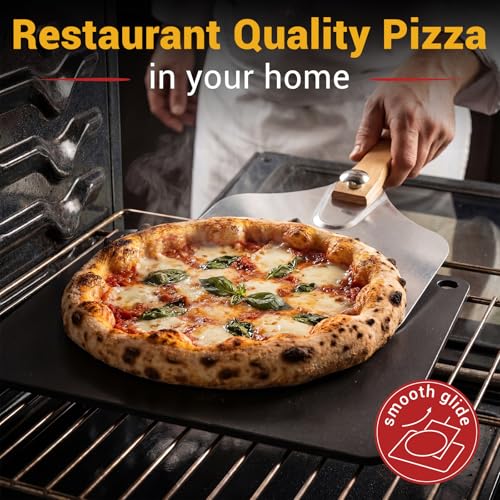 Suttmin 3 Pieces Baking Pizza Steel Set 16"x13" Carbon Steel Pizza Stone for Oven and Grill Folding Aluminum Spatula Food Grade Cutter Rocker Blade for Cooking Home Restaurant Bread Steak BBQ